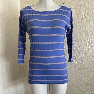 Splendid Periwinkle Blue Heather Gray Stripe 3/4 Sleeve Boatneck Tee Shirt NWT